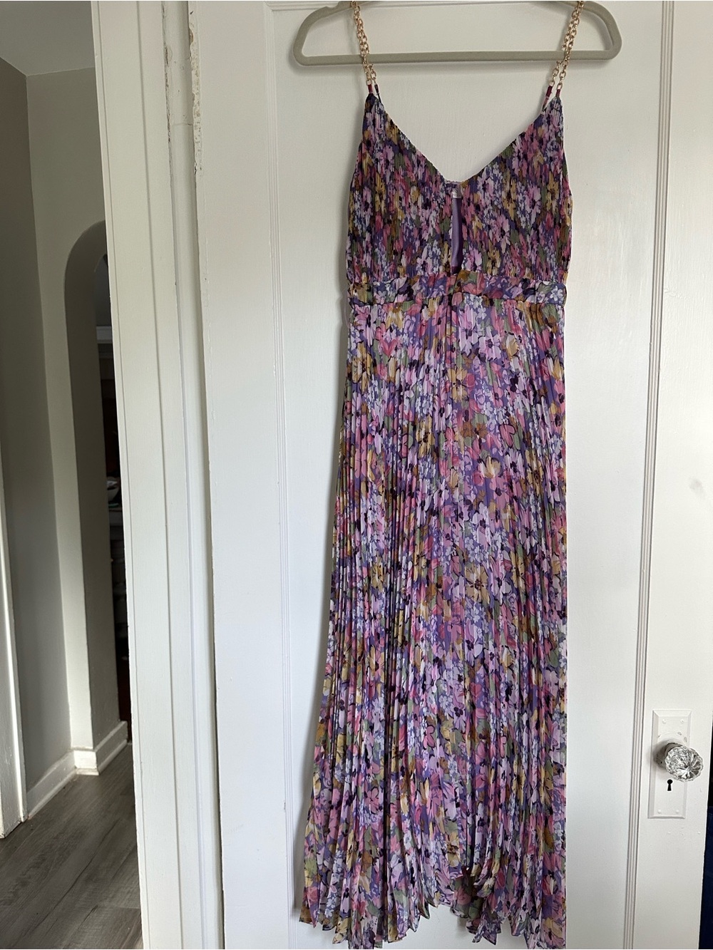 ASTR Purple Floral Pleated Maxi Dress with Gold Chain Straps